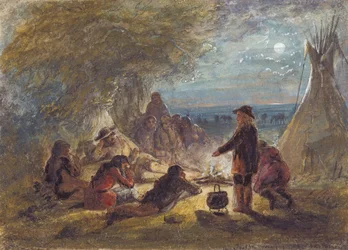 Tábortűz éjjel; Trapper Relating an Adventure, 1858 körül (ceruza, toll és tinta, akvarell és gouache papíron)