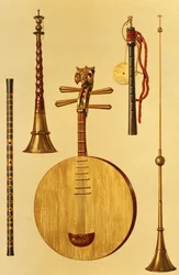 Egy dizi, egy sona, egy yueqin, kínai, egy japán hichiriki és egy kínai laba, a Hangszerekből (színes litho)