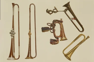 Lovassági trombita, egy bugle, egy aranyozott trombita, amelyet John Harris készített 1730 körül, egy trombita és egy ezüst veretes trombita William Balltól 1680 körül, a Hangszerekből (színes litó)
