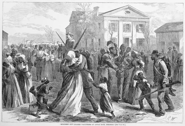 Mustered Out Színes önkéntesek az arkansasi Little Rockban, a Harpers Weekly kocsmától. 1866