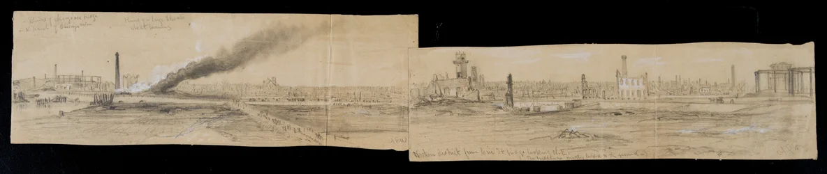 Északi kerület az Erie Street Bridge-től, kelet felé nézve, az 1871-es chicagói tűzvész idején (ceruza és kréta papíron)