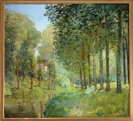 A többi a patak szélén, faszegély - Alfred Sisley (1839-1899) festménye