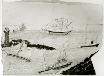 Három vitorlás, két gőzhajó és Godrevy világítótorony, 1935-38 körül (olaj és ceruza a kártyán)