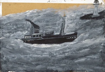 Trawler and Pier (oil on card)