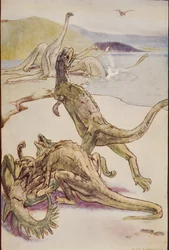 A Deinotheriát bemutató mezozoikum jelenet, illusztráció H.G. Wells „A történelem vázlatából”, I. kötet, 1920-ban (színes litó)