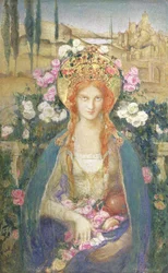 Magyar Szent Erzsébet, 1916 (tempera, papír, kartonra fektetve, féldrágakövekkel kirakott aranylevéllel, diadém domborművön)