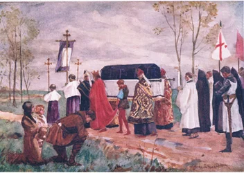 Szent Hugh temetése, illusztráció az angol miniszterek gyermekmeséiből, 1920 körül (színes litho)