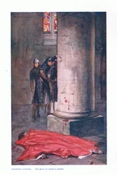 Canterbury katedrális: Thomas A Beckett halála, illusztráció a „Childrens Tales of English Minsters” című filmből, 1920 körül (színes litó)