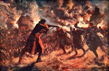Meston közlegény egy kézzel támadja meg az előrenyomuló ellenséget, miután elfoglalt egy brit árkot (színes litho)