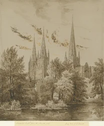 Lichfield katedrális – délnyugati nézet: szépia rajz, 1842. júl