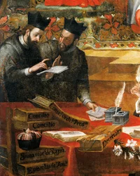 Vita két jezsuita között, részlet Penaforti Szent Raymondtól, IX. Gergely pápa tanácsadójától, Alonso Antonio Villamor (1661-1729). A Szent István kolostorból, Salamancából, Spanyolországból.