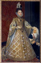 Portré Spanyol csecsemőjének lábánál Isabelle Clara Eugenie of Habsburg, Hollandia uralkodója és Magdalena Ruiz Alonso Sanchez Coello (1531-1588) festménye V. 1,29 x 2,07 m. 1585. Madrid. Musee du Prado – A csecsemő teljes alakos portréja