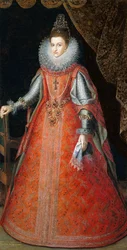 Izabella Eugénia infánsnő portréja, teljes alakban állva, brokátruhában, 1593
