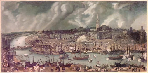 Sevilla városának látképe (Spanyolország). Alonso Sánchez Coellónak (Sánchez Coello) tulajdonított festmény (1531-1588 körül). A 16. század vége