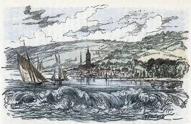 Kilátás a Szajna árapály-fúrására Caudebec-en-Caux-nál (Caudebec en Caux) a Szajna-tengerparton, Normandia (a Szajna árapály-fúrása Caudebec en Caux-nál, Normandia) Metszet a „” La nature et l