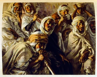 Dinet illusztrációja a "Káprázatok" arab életképekből. 1906. A Mirages, Scenes De La Vie Arab című kötetet Etienne Dinet illusztrálta Silman Ben Ibrahim Bamer kommentárjával. Nasreddine Dinet Alphonse-Etienne Dinet néven született; (1861-1929) francia szár