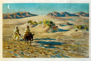 Illusztráció: Dinet az arab élet „Mirages” című darabjából. 1906. Mirages, Scénes De La Vie Arab című filmet Etienne Dinet illusztrálta Silman Ben Ibrahim Bamer kommentárjával. Nasreddine Dinet Alphonse-Étienne Dinet néven született; (1861-1929) francia ke
