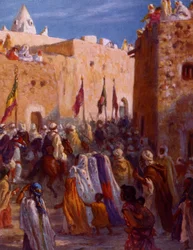 Illusztráció, amely muszlim arab harcosokat ábrázol, akik elhagyják a várost, hogy megkezdjék a dzsihádot vagy a szent háborút. szerző: Nasreddine Dinet (Alphonse-Étienne Dinet). 1861 1929. francia orientalista festő. 1918.