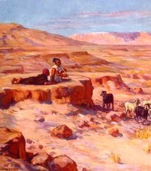 két arab nomád gyerek furulyázik, miközben kecskéket néz a sivatagban. szerző: Nasreddine Dinet (Alphonse-Étienne Dinet). 1861 1929. francia orientalista festő 1918