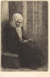 A falnak támaszkodva ülő nő, akinek ölében a fejét pihentető gyermek (Femme assis, muraille au fond, enfant la tête dans son giron)