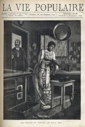 Egy elegáns nő egy cipőt viaszol a ház konyhájában. Egy férfi nyitja ki mögötte az ajtót. Illusztráció: Alfons Maria Mucha (Alphonse Marie Mucha