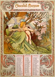 Csokoládé Masson naptár, amelyet Mucha (1860 – 1939) illusztrált. cseh szecessziós festő