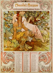 Csokoládé Masson naptár, amelyet Mucha (1860 – 1939) illusztrált. cseh szecessziós festő