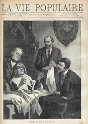 Egy nappaliban egy idős nő ül, fejét orvos tartja, kezeit maga előtt tartja, és egy második orvosra vár, aki mellette áll, fehér ruhával megtisztít egy műszert, hogy megoperálja. szürkehályog. Előtte ülve