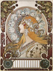 Zodiákus. 1896. (67 x 48 cm). A „La Plume” („A toll”) folyóiratot reklámozó plakát és naptár. Szecesszió. Litográfia