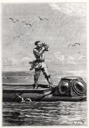 Nemo kapitány a Nautilus tetején, Jules Verne (1828-1905) „Húszezer mérföld a tenger alatt” című művéből, Henri Théophile Hildibrand (1824-97) metszete