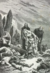 Edith hattyúnyakkal találja meg Harold király holttestét a hastings-i csatatéren 1066-ban (metszet)