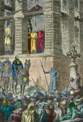 Enguerrand de Marigny-t kivégzik a montfauconi akasztófán 1315-ben (metszet)