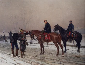 Tábornok kihallgat egy mozgó őrt, aki egy sérült tisztet támogat, 1870. december
