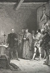 Jean de La Barre értesíti Louis de Berquin-t a conciergerie-ből való szabadulásáról (metszet)
