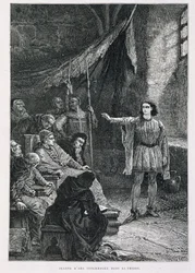 Jeanne of Arc-t kihallgatták a börtönében – Guizot „" Histoire de France" című könyvében, De Neuville metszetében