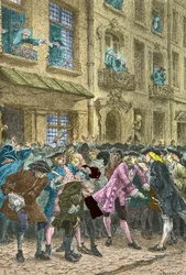 Rue Quincampoix, ahol a spekulánsok találkoznak, 1720 körül (metszet)