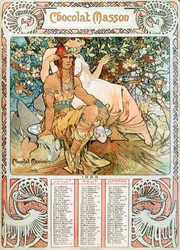 Az 1898-as Felnőtt Naptár oldala Alphonse Mucha (1860-1939) reklámillusztrációjának dekorációja a Masson csokoládéhoz - ""A középkor"" Alphonse Mucha reklámillusztrációja