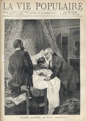 Két férfi az ágy fölé hajol, hogy lássák egy férfi halálát. Az ajtóban más férfiak figyelik a jelenetet. Illusztráció: Alfons Maria Mucha (Alphonse Marie Mucha