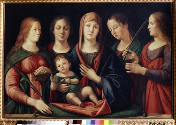 A Szűz és a Gyermek Marie Madeleine-nel Sainte Catherine és két szent (Madonna és a gyermek Mária Magdolnával, Szent Katalin és két szent). Alvise Vivarini festménye (1446 körül-1505 körül). Olaj, vászon, 89 x 129 cm