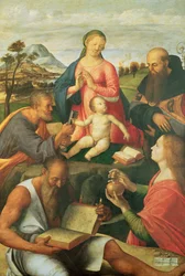 Madonna és gyermeke SS-sel. Péter, Jeromos és Mária Magdolna egy püspökkel, 1500