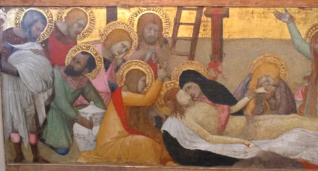 Ambrogio lorenzetti, madonna a gyermekkel és a szentek m. maddalena és marta, compianto, 02