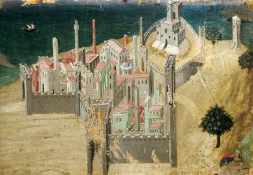 Város a tenger mellett, Ambrogio Lorenzetti műve (1290-ca. 1348), tempera és arany fán, 22.5x33.5 cm