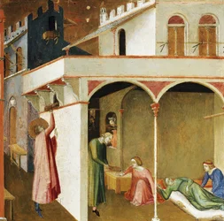 Nicolas pénzt dob három fiatal lány házába, hogy elkerülje a prostitúciót, és házasságra ruházza őket. Jelenetek Szent Miklós életéből (Tempera fán