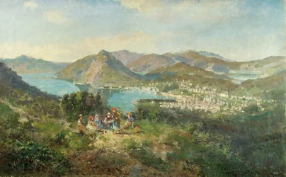Lugano Curregliából nézve, Ambrogio Preda (1839-1906), olaj, vászon, 48x76 cm