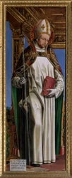 Avaloni Szent Hugh (vagy Lincolni Hugh) (1140-1200), francia eveque. Ambrogio da Fossano dit il Bergognone (1481-1522) festménye: Cathedrale Saint Just, Susa, Torinó