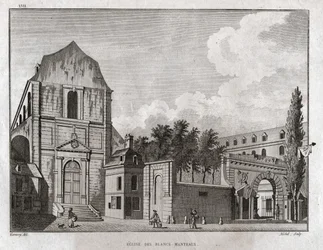 A Blancs Manteaux templom a párizsi Marais kerületben. 1780 körül (metszet)