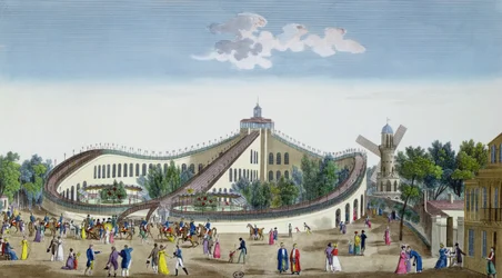 Promenades Aeriennes, Jardin Baujon, Őfelsége jelenlétével megtisztelve, 1817. augusztus 2., 1817 körül (színes metszet)