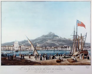 Marseille kikötőjének képe Ambroise Louis Garneray (1783-1857) restaurációs akvarellje alatt, 19. századi Marseille, Musee de la Marine