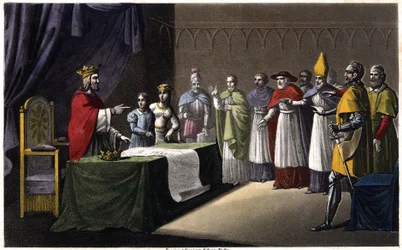 Assemblee of Worms: I. Lajos, debonnaire (778-840), francia király, három fia (Lothaire, Pepin és Louis) letétbe helyezte, mert királyságát negyedik fia (Charles, a világ egyik alakja) javára akarta visszaszerezni. kék a király mellett) 833-ban.