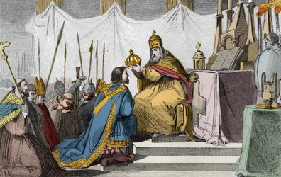 Nagy Károly (742-814) megkoronázása III. Leó pápa (kb. 750-816) által a római Szent Péter-bazilikában 800. december 25-én - Nagy Károly (742-814) felszentelése (koronázása) 800-ban III. Leó pápa által - 1825-ös metszet a „Franciaország története